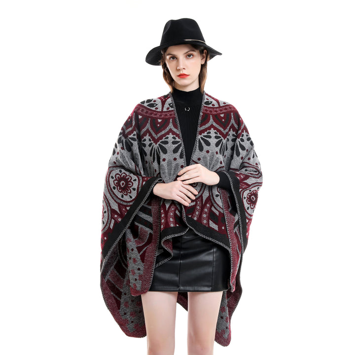 Women's wool blend cape poncho with ornamental jacquard structure and open fall Mune Fashion