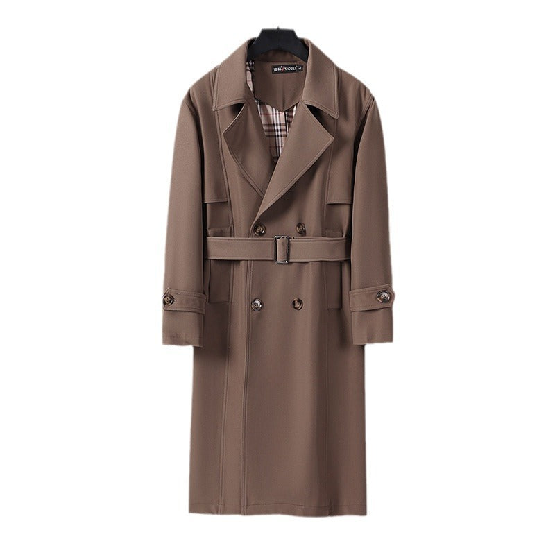 Men's Midi Length Double Breasted Trench Coat with Waist Belt, Notched Lapel and Checked Lining Mune Fashion