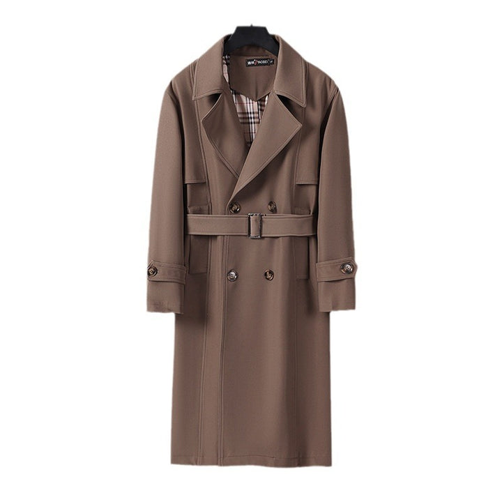 Men's Midi Length Double Breasted Trench Coat with Waist Belt, Notched Lapel and Checked Lining Mune Fashion