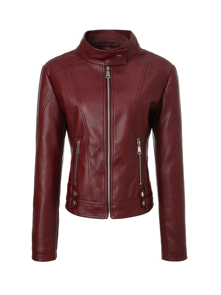 Women's short fitted motorcycle jacket made of faux leather with stand collar and buckle straps Mune Fashion