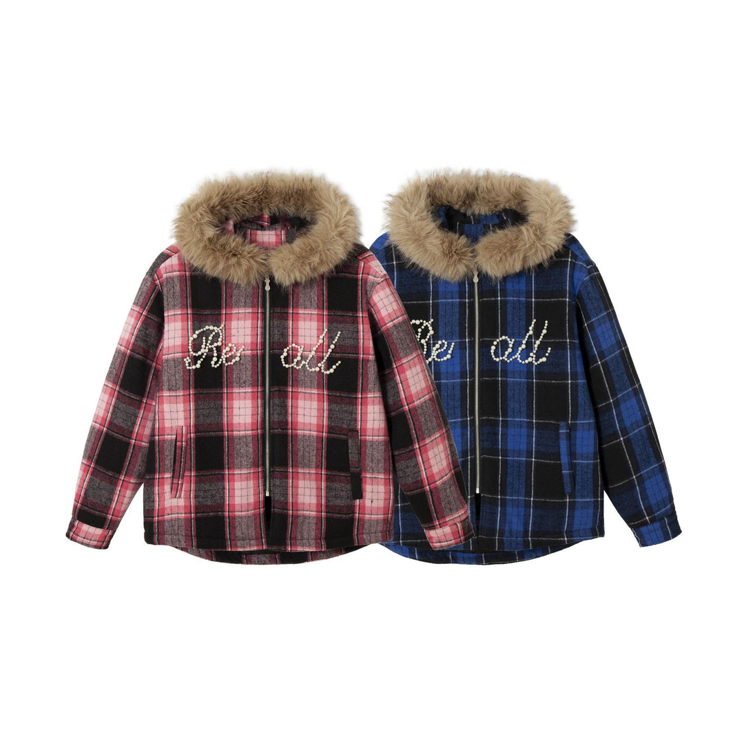 Women's checked wool blend blouson with detachable faux fur collar and pearl appliqué Mune Fashion