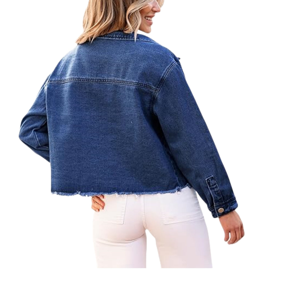 Women's cropped oversized denim jacket with raw hem and patch chest pockets Mune Fashion