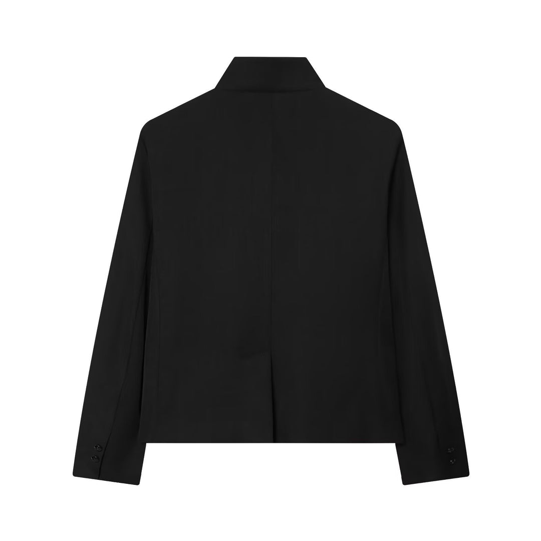 Women’s short-cut blazer with stand-up collar, asymmetrical closure, and piping pockets Mune Fashion