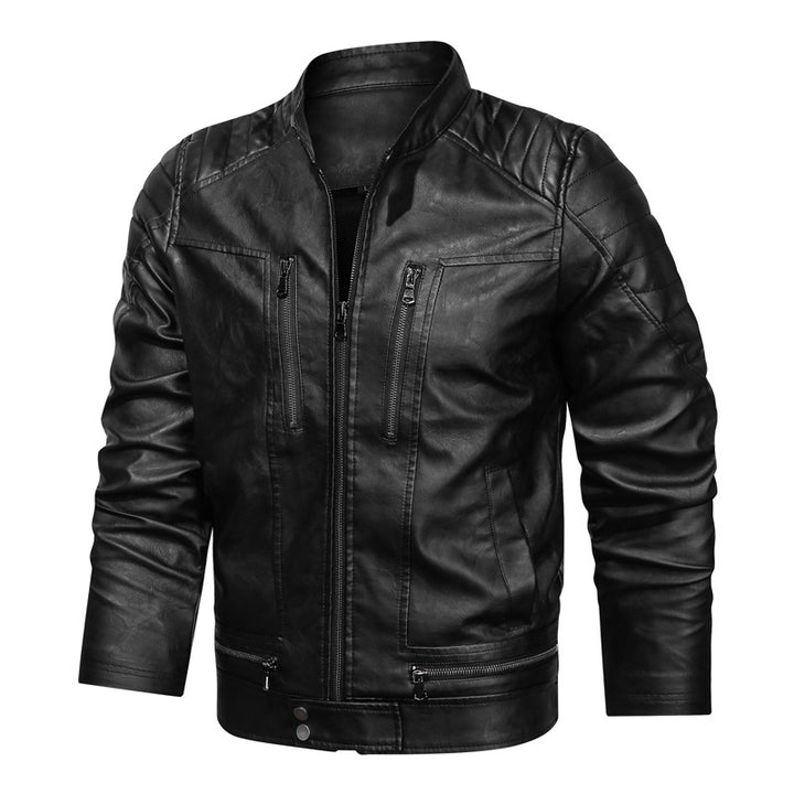 Men's motorcycle-inspired leather look jacket with stand-up collar and decorative seams Mune Fashion