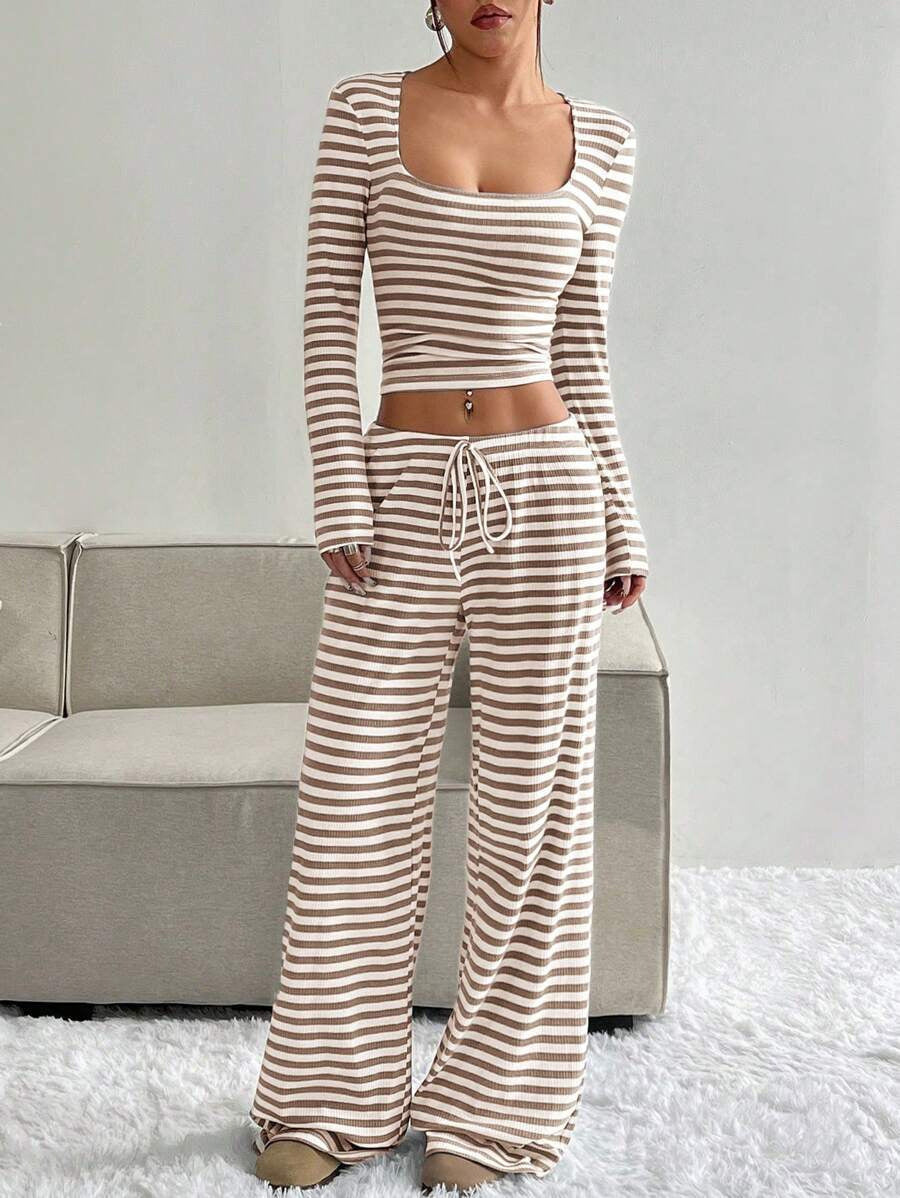 Women's Striped Lounge Two-Piece with Wide Leg and Cropped Long Sleeve Top Mune Fashion