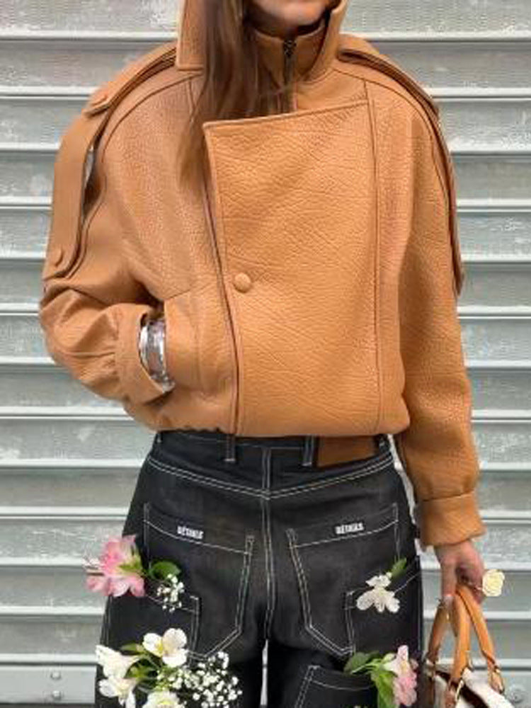 Ladies Cropped Oversized Jacket made of textured synthetic leather with a high stand-up collar Mune Fashion