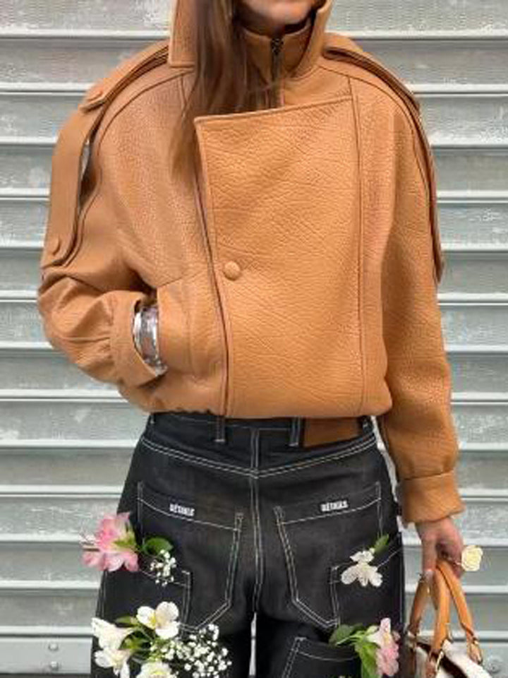 Ladies Cropped Oversized Jacket made of textured synthetic leather with a high stand-up collar Mune Fashion