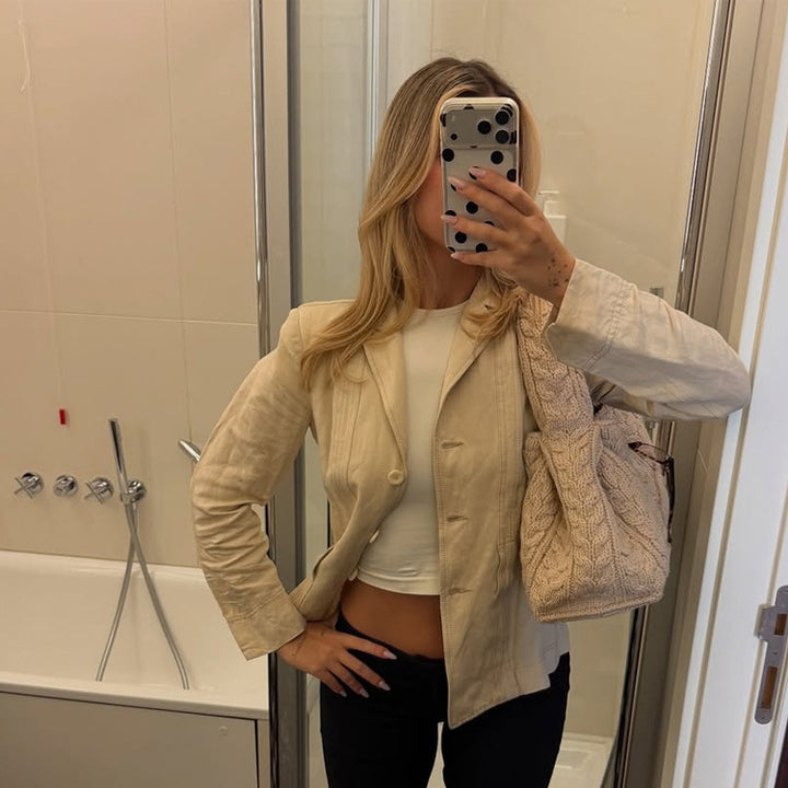 Women Lightweight Structured Linen Blazer with Relaxed Fit, One-Button Closure & Flap Pockets Mune Fashion