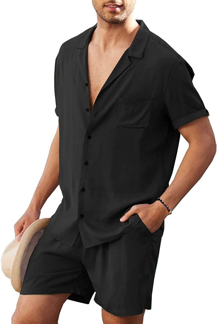 Men's two-piece summer casual ensemble with open collar shirt and elastic shorts Mune Fashion