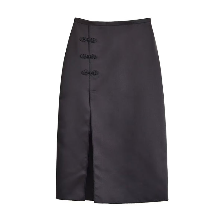Women Satin Midi Skirt with High Waist, Side Slit and Decorative Frog Closures Mune Fashion