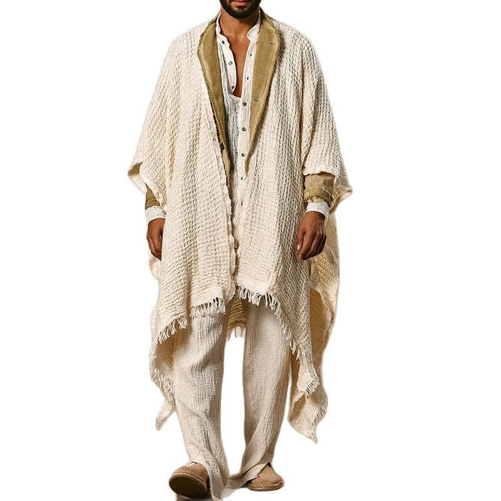 Men's loose-fitting cotton-linen poncho with fringes and open front Mune Fashion