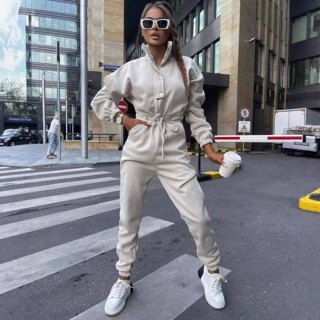 Women's fitted velour jumpsuit with drawstring stand-up collar and elastic cuffs Mune Fashion