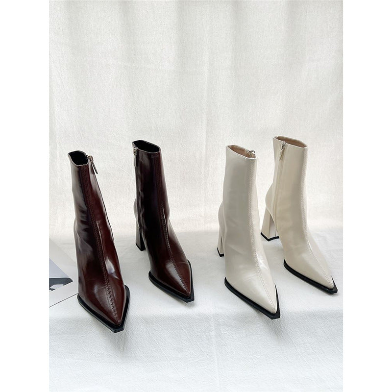 Women's Elegant Pointed Ankle Boots with Geometric Block Heel and Slim Shaft Cut Mune Fashion