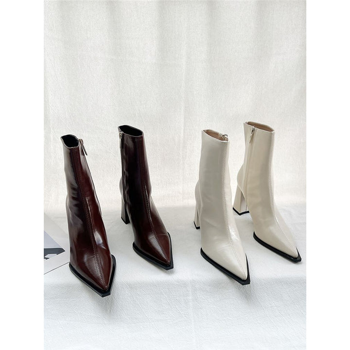 Women's Elegant Pointed Ankle Boots with Geometric Block Heel and Slim Shaft Cut Mune Fashion