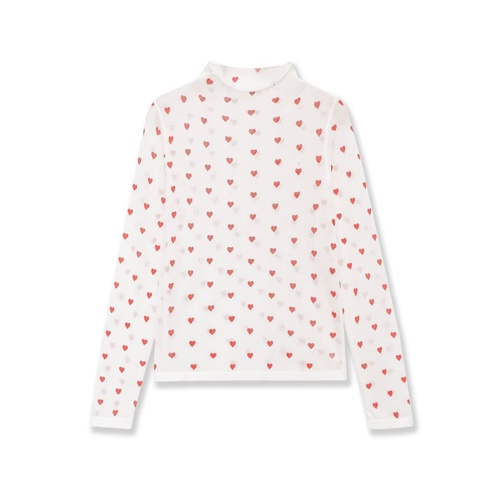 Women Long Sleeve Fine Knit Shirt with Stand-up Collar and Allover Heart Jacquard Mune Fashion
