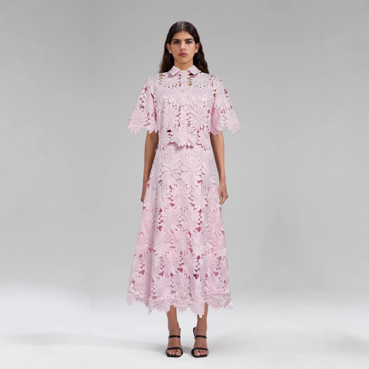 Ladies two-piece crochet lace set with shirt collar, short sleeves, and flared midi skirt Mune Fashion