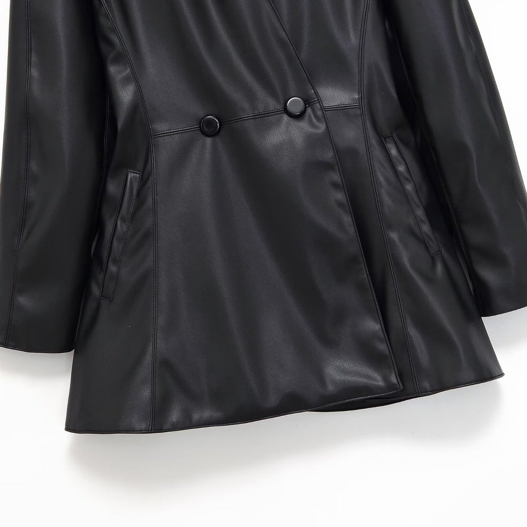 Women's tailored double-breasted faux leather midi coat with shawl collar and patch pockets Mune Fashion
