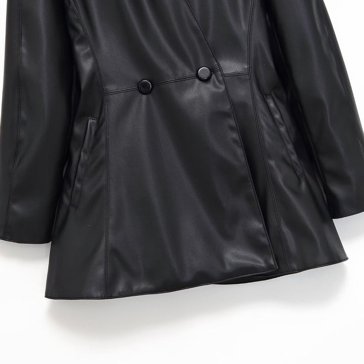 Women's tailored double-breasted faux leather midi coat with shawl collar and patch pockets Mune Fashion