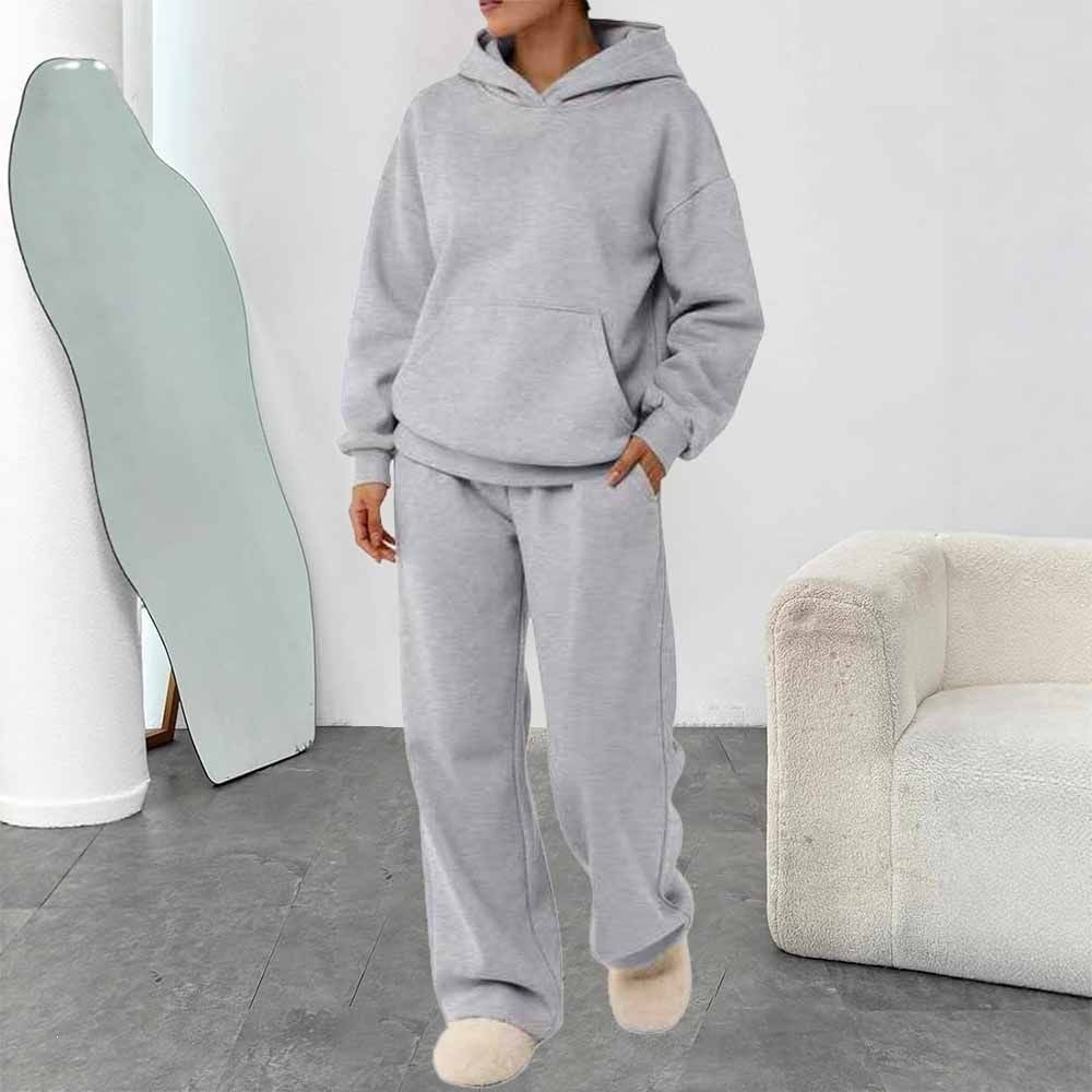 Women's two-piece leisure lounge set with hoodie, kangaroo pocket, and straight lounge pants made of soft cotton blend Mune Fashion