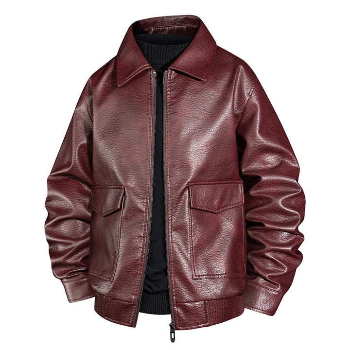 Men's Casual Faux Leather Jacket with Collar and Pockets Mune Fashion