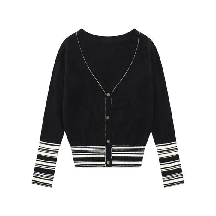 Ladies cardigan with V-neck, fine jacquard pattern and contrasting cuffs Mune Fashion