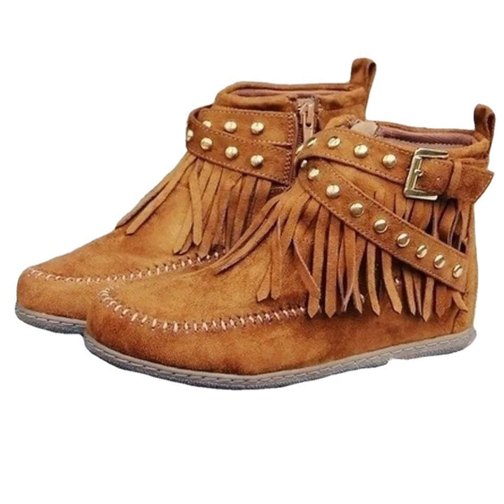 Ladies nan fringe ankle boots with decorative eyelets, side slit zipper and decorative buckle Mune Fashion