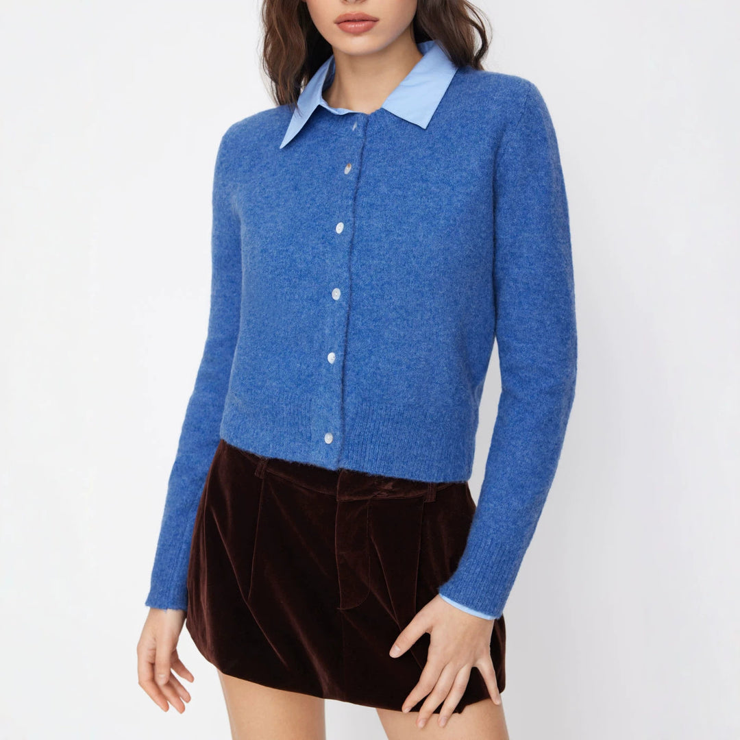 Women's Elegant Short Sweater with Shirt Collar Mune Fashion