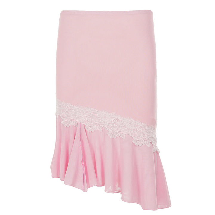 Women Asymmetric Midi Skirt with Lace Trim and Ruffle Hem Mune Fashion