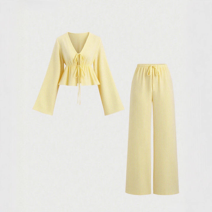 Women's non-striped linen-like homewear set with gathered drawstring top and elastic waistband pants Mune Fashion