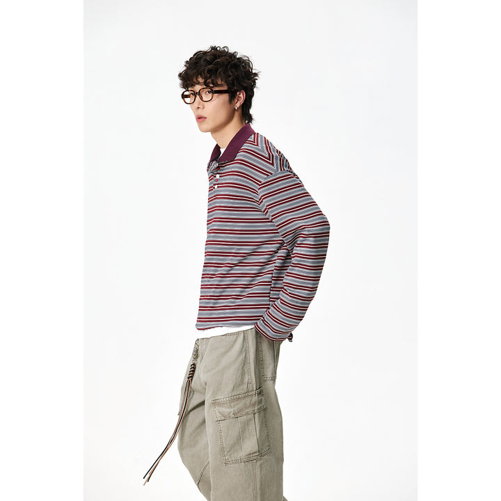Unisex Classic Striped Long Sleeve Polo Shirt made of fine Ribbed Knitting with Kent Collar and Half Button Placket Mune Fashion