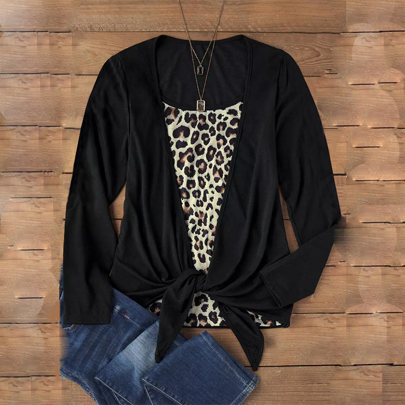Women's Long Sleeve Shirt with Leopard Print Insert and Knot Front Mune Fashion