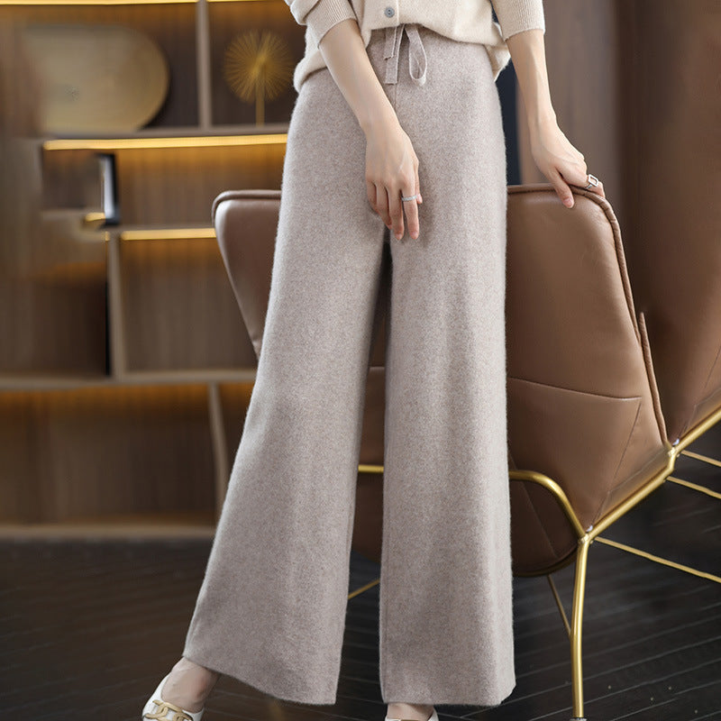 Women's High-Waist Palazzo Knit Pants with Drawstring and Cashmere-like Softness Mune Fashion
