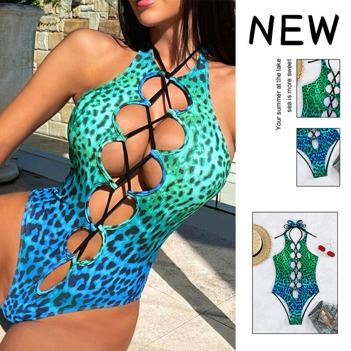 Women's one-piece swimsuit with sophisticated lacing design and colorful animal motif Mune Fashion