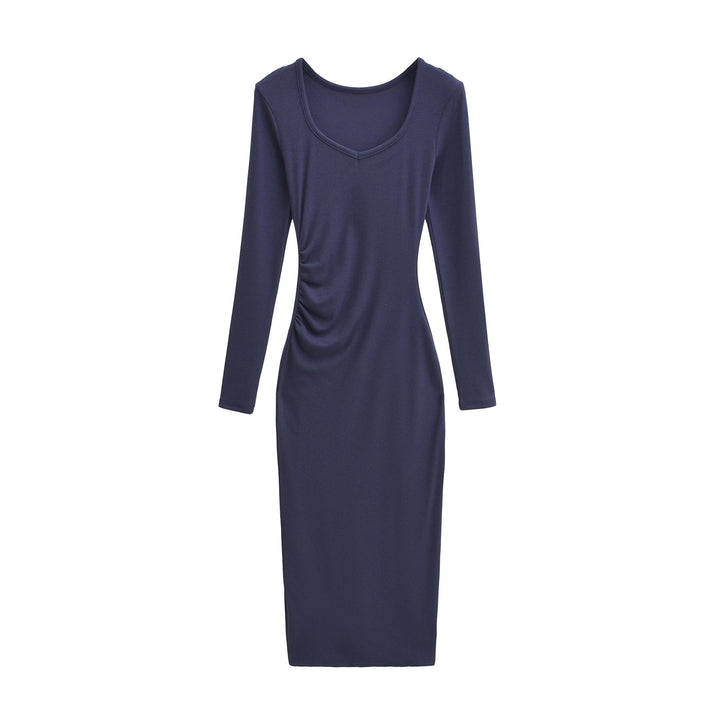 Women's Fitted Midi Dress with Side Ruching and Double Neckline Mune Fashion