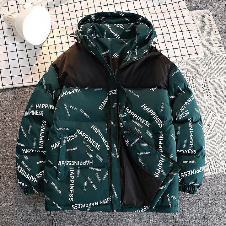 Men's Printed Padded Hooded Jacket with Contrasting Shoulder Yoke and Drawstring Mune Fashion
