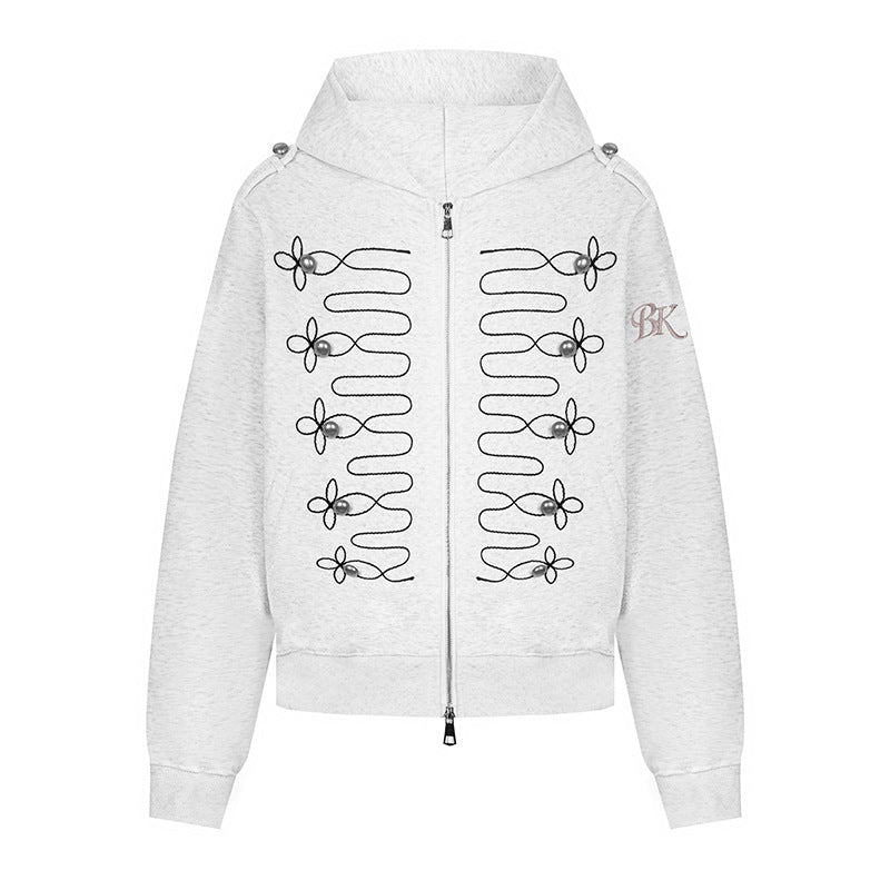 Women's hooded sweatshirt jacket with decorative frogging embroidery and pearl buttons Mune Fashion