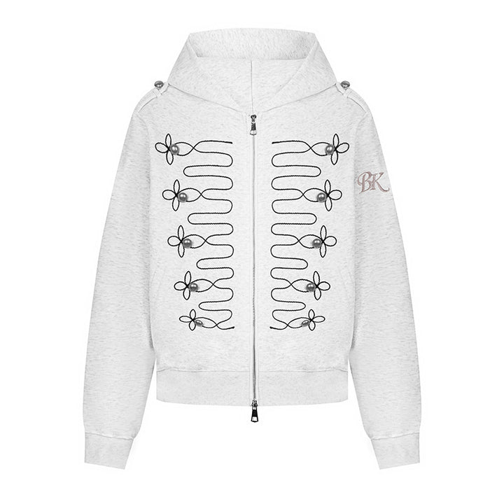 Women's hooded sweatshirt jacket with decorative frogging embroidery and pearl buttons Mune Fashion