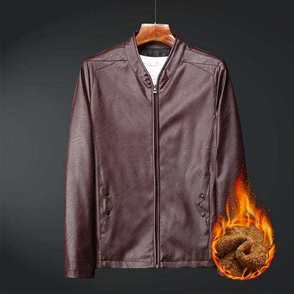 Men's Slim-Fit Faux Leather Bomber with Warming Teddy Lining and Concealed Zipper