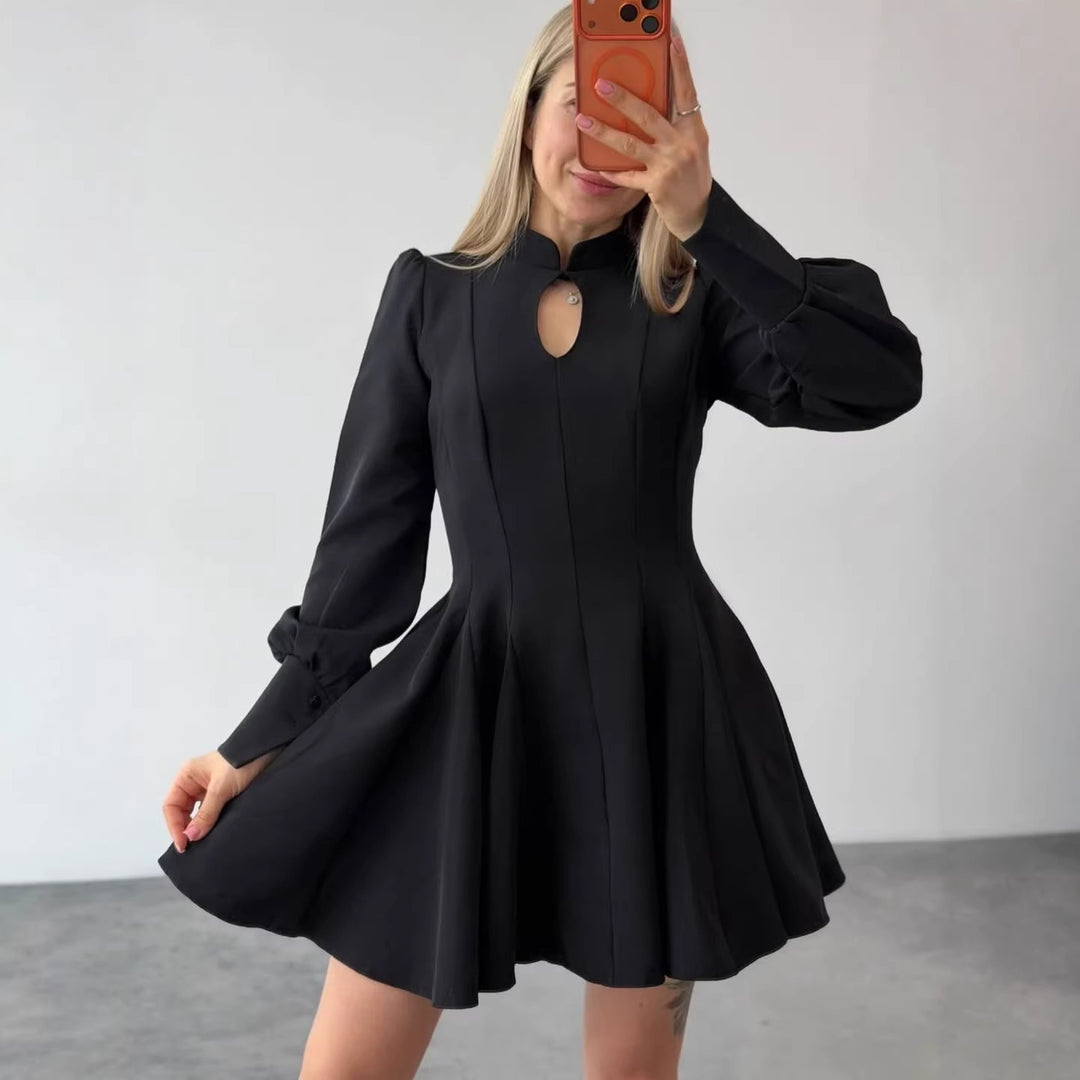 Women A-Line Mini Dress with Stand Collar, Slit Detail and Balloon Sleeves Mune Fashion