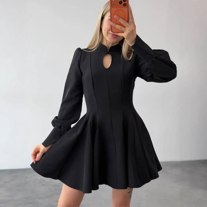 Women A-Line Mini Dress with Stand Collar, Slit Detail and Balloon Sleeves Mune Fashion