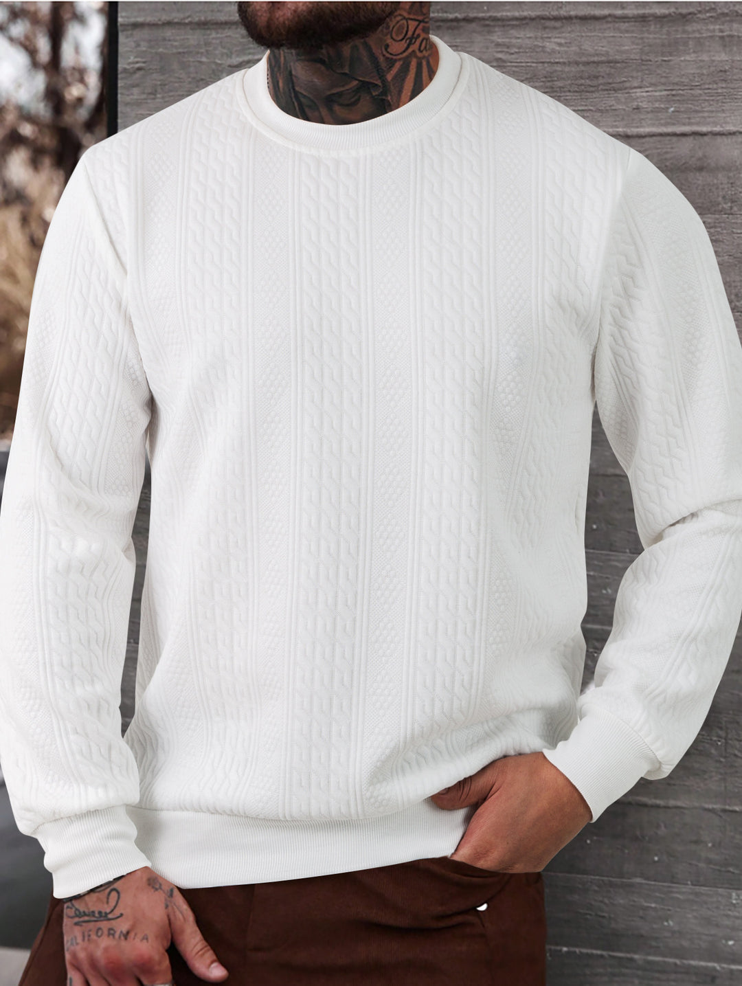 Men's textured round neck sweatshirt with fine waffle structure and ribbed cuffs Mune Fashion