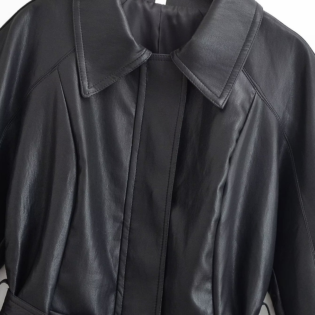 Women's Tailored Leather Look Jacket with Tie Belt and Balloon Sleeves Mune Fashion