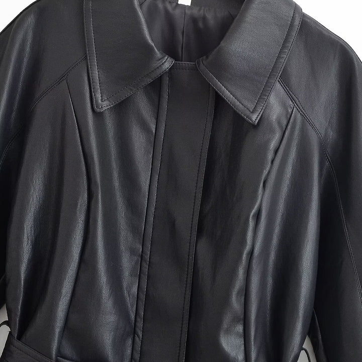 Women's Tailored Leather Look Jacket with Tie Belt and Balloon Sleeves Mune Fashion