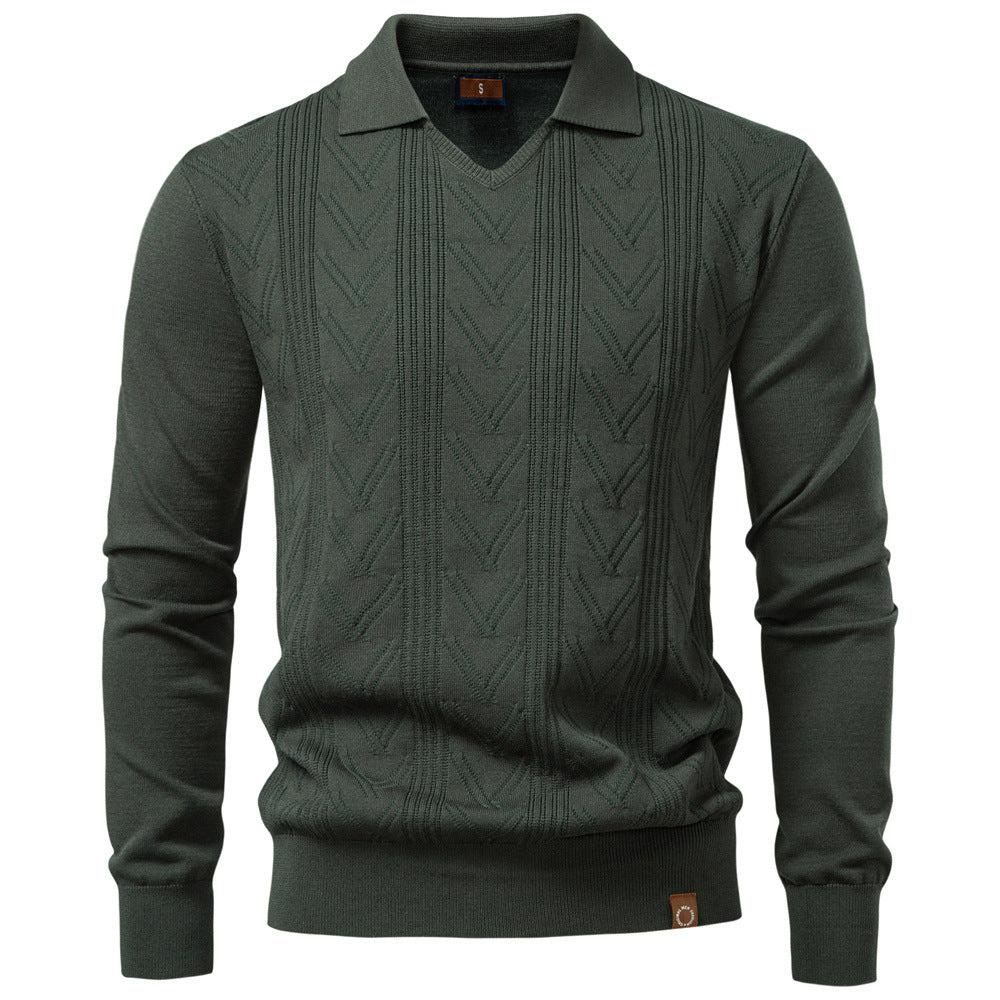 Men's fine knit polo sweater with V-neck, zigzag pattern and Kent collar Mune Fashion