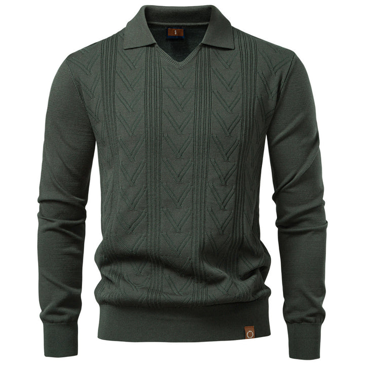 Men's fine knit polo sweater with V-neck, zigzag pattern and Kent collar Mune Fashion