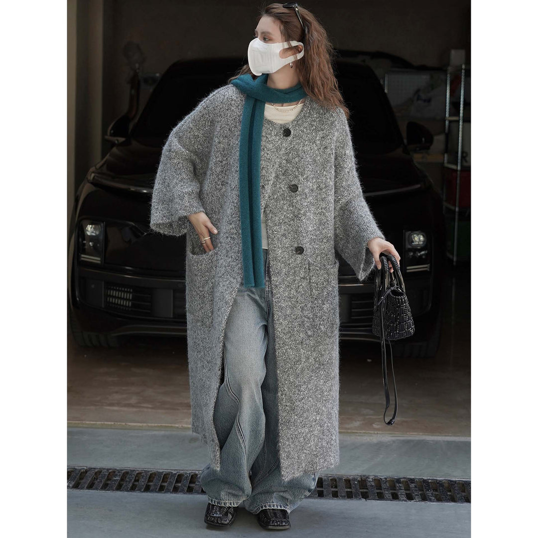 Women’s Long Bouclé Coat in Oversized Style with Discreet Button Placket Mune Fashion