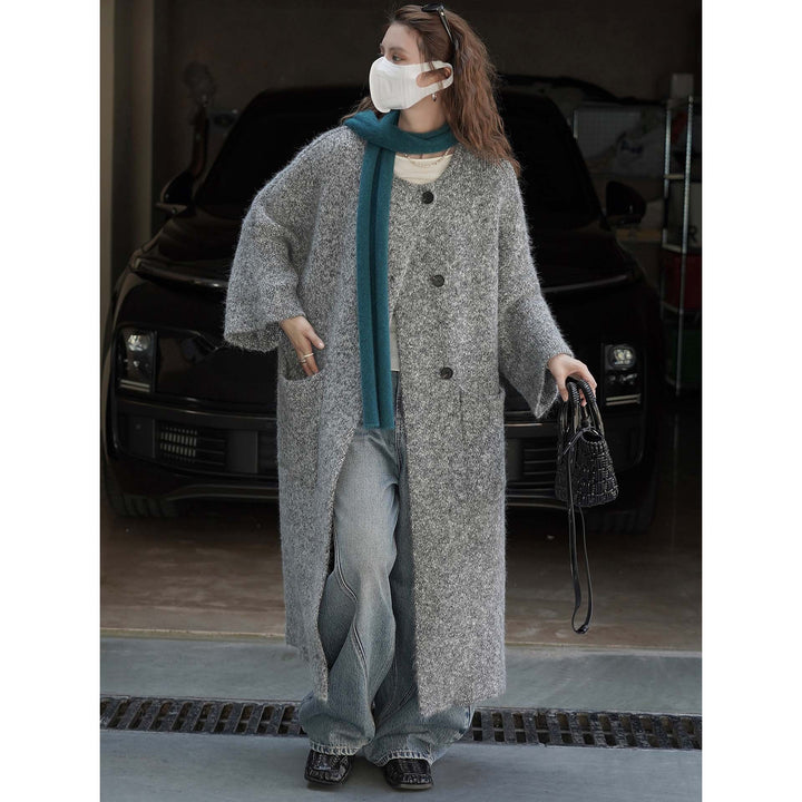 Women’s Long Bouclé Coat in Oversized Style with Discreet Button Placket Mune Fashion