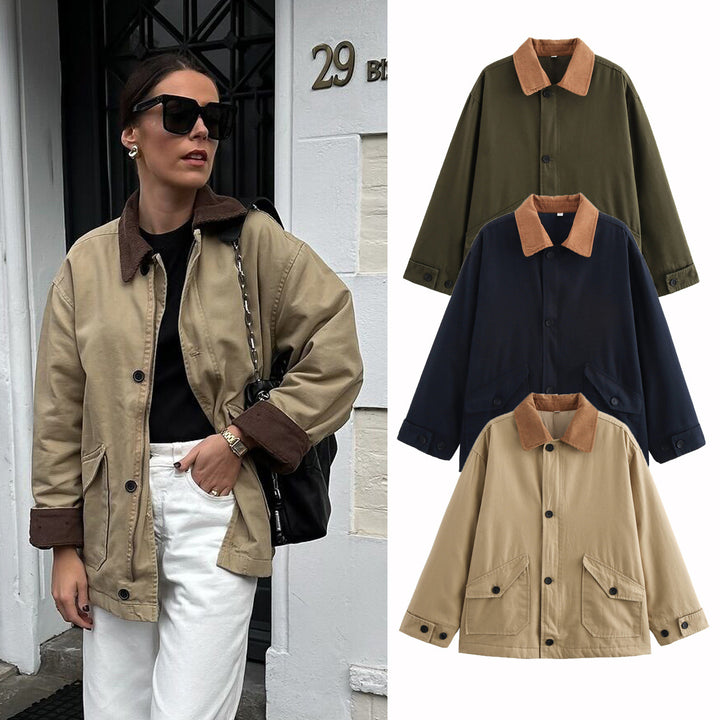 Women's Boxy Cotton Canvas Jacket with Cord Collar, Flap Pockets and Continuous Button Placket Mune Fashion