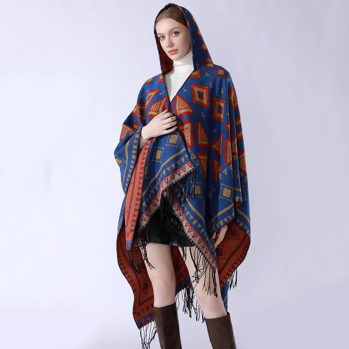 Women's Layered Hooded Overlay with Asymmetric Fringe Hem and Geometric Jacquard Mune Fashion