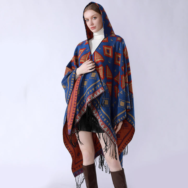 Women's Layered Hooded Overlay with Asymmetric Fringe Hem and Geometric Jacquard Mune Fashion
